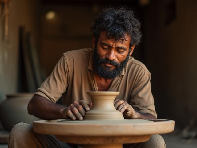Skilled craftsman working on traditional pottery