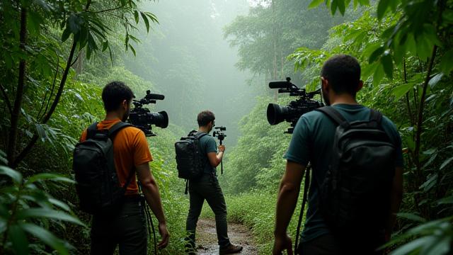 Behind-the-scenes film crew in a rainforest